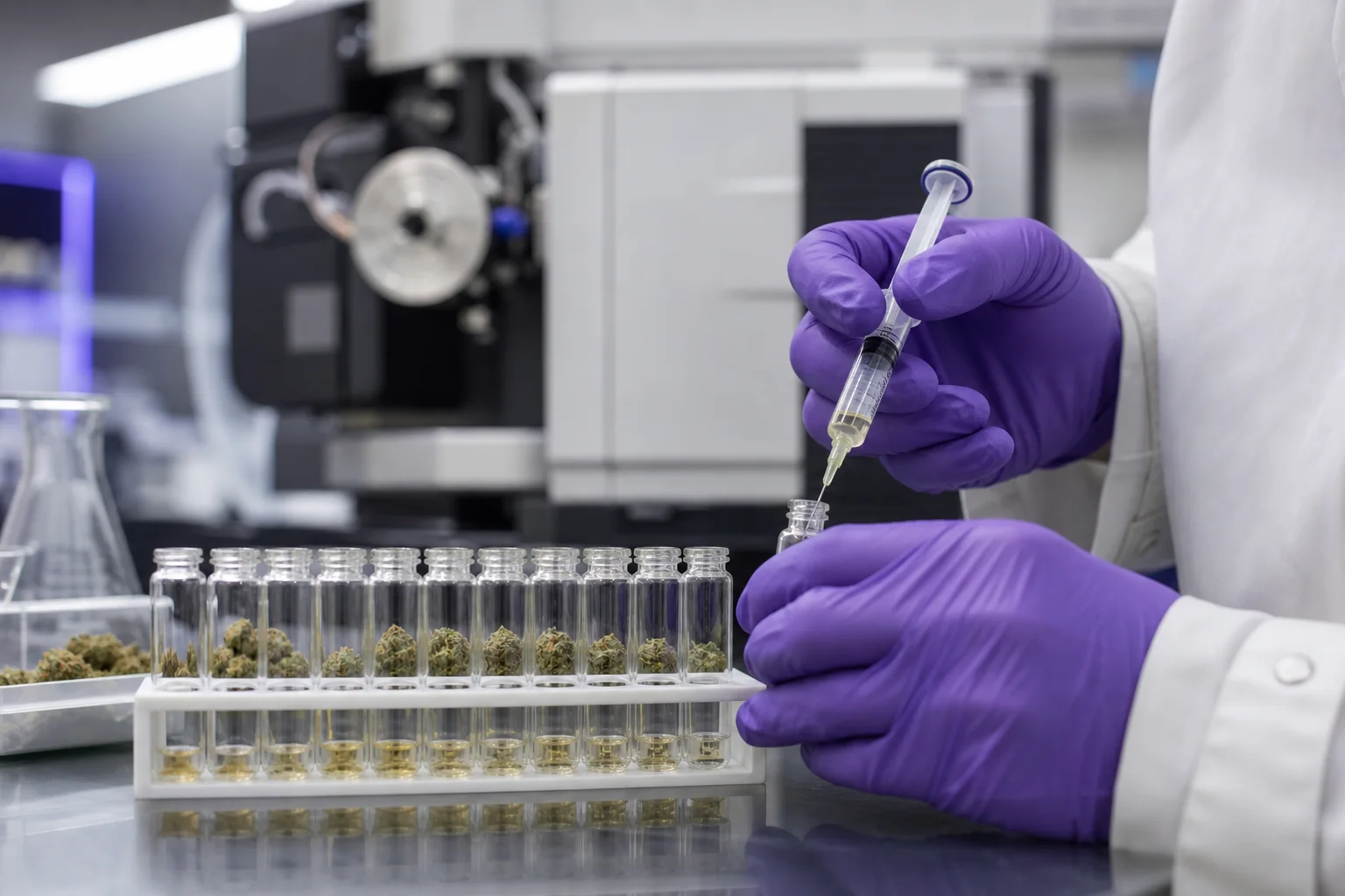 Macro photo of a certified testing lab bench showing labeled vials and a capped syringe used for sample prep (no readable labels).