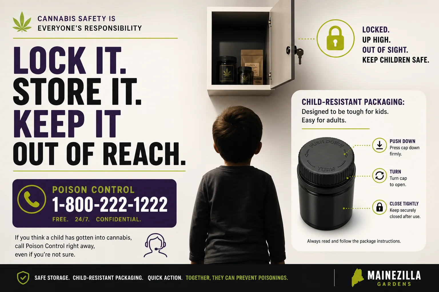 Clinical‑style poster showing Poison Control’s hotline and a schematic of edible packaging kept out of children’s reach.