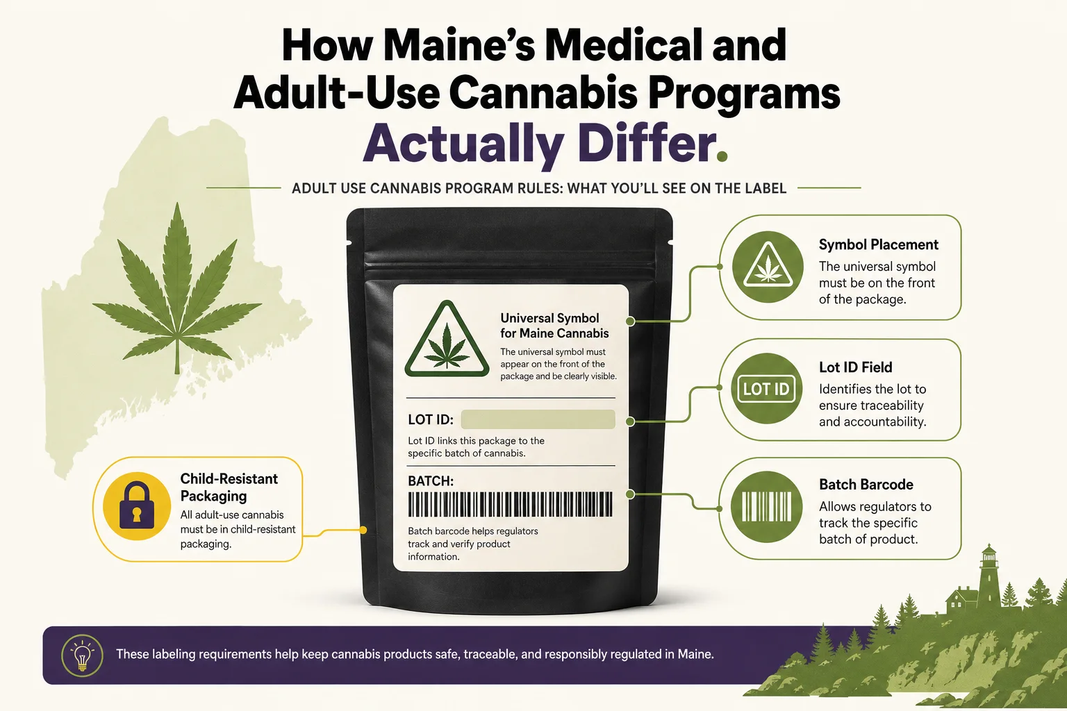 Accurate infographic of Maine’s universal cannabis symbol and required label elements for adult‑use edibles (non‑numeric).