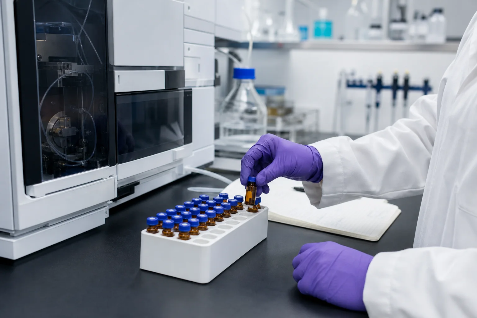 Photograph of a laboratory bench showing HPLC/LC‑PDA instrument with an analyst's gloved hands preparing vials; no lab names visible.