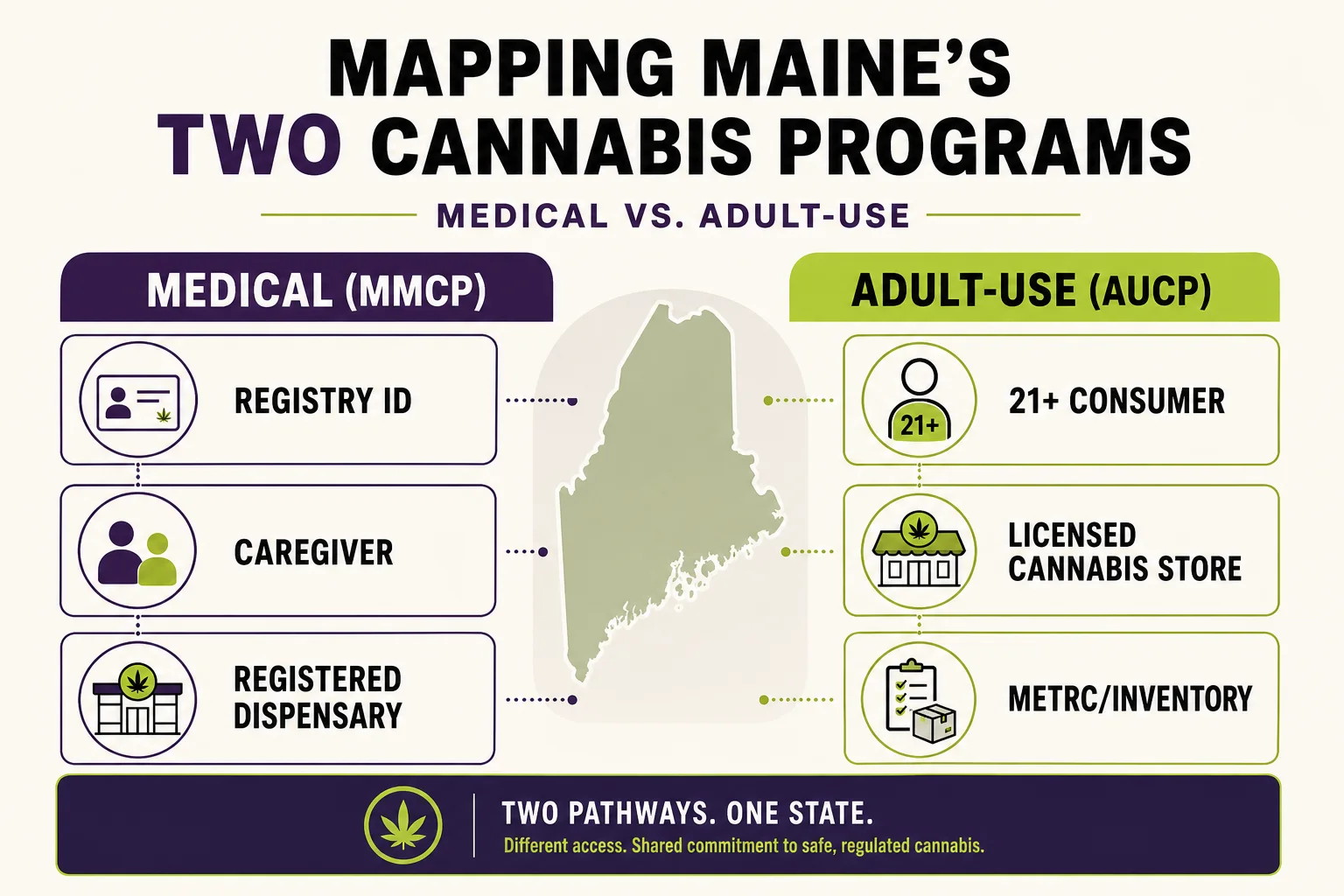 Infographic map of program participants showing 'Qualifying Patients & Caregivers' and 'Adults 21+' pathways with separate boxes for 'Dispensary/Store' and 'Caregiver/home' — schematic only.