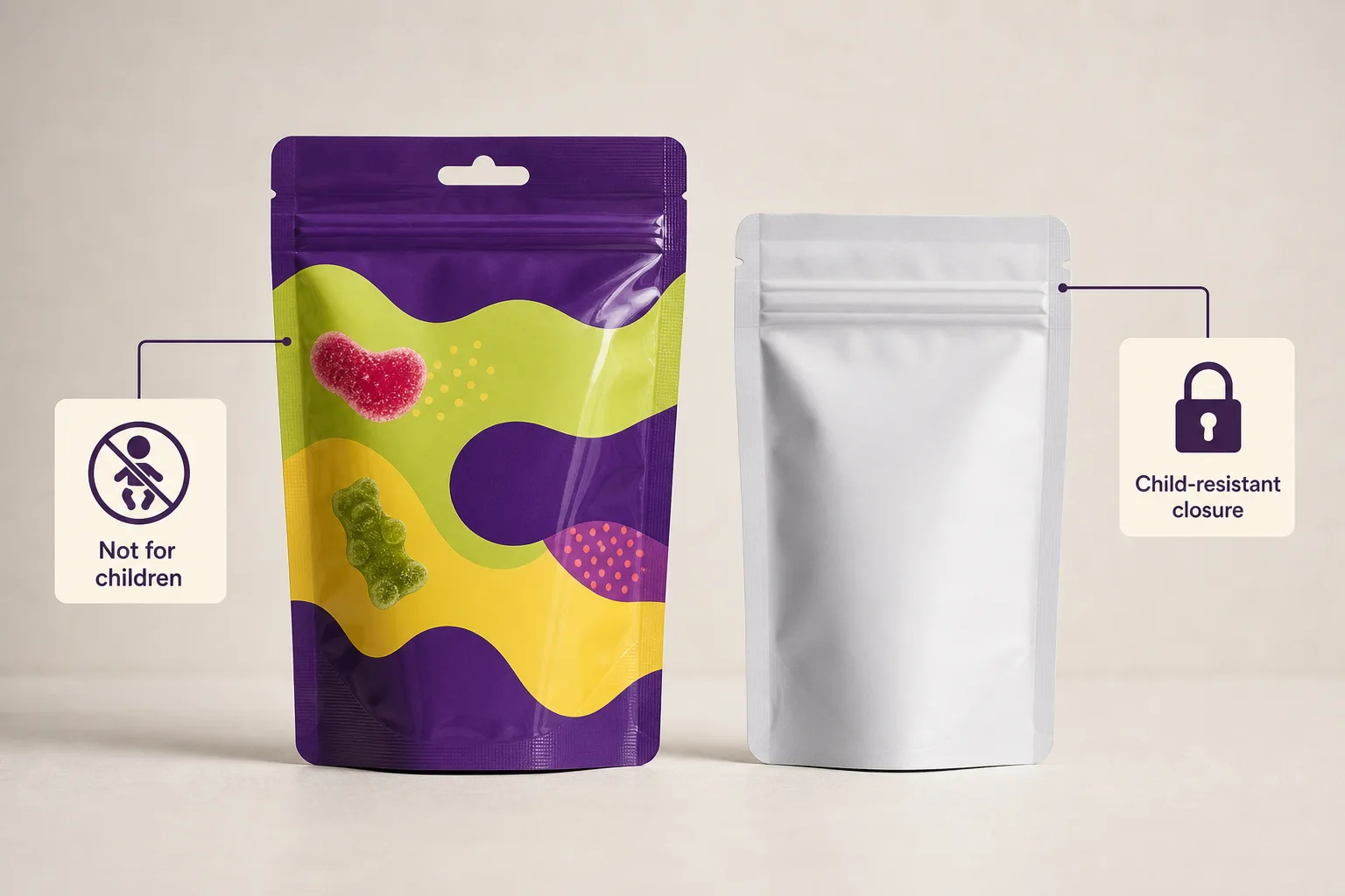 Photograph of typical edible packaging versus child‑resistant packaging with highlighted differences (no branding).
