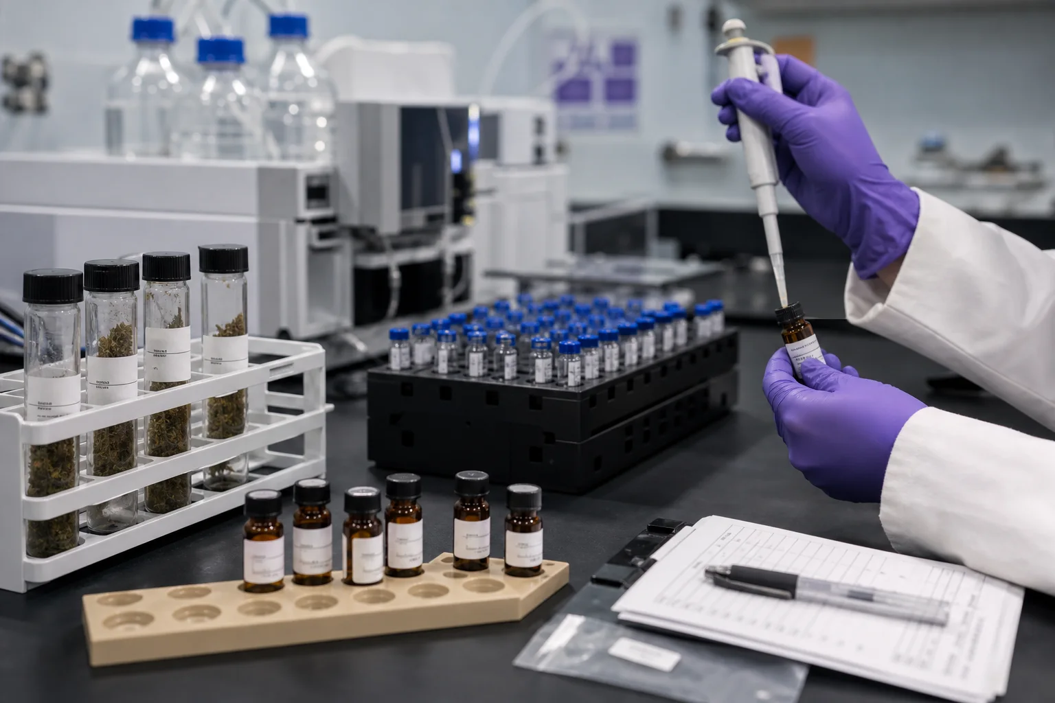 Photographic macro of a certified cannabis testing lab bench showing labeled sample vials, pipettes, and an HPLC vial rack (no brand names).
