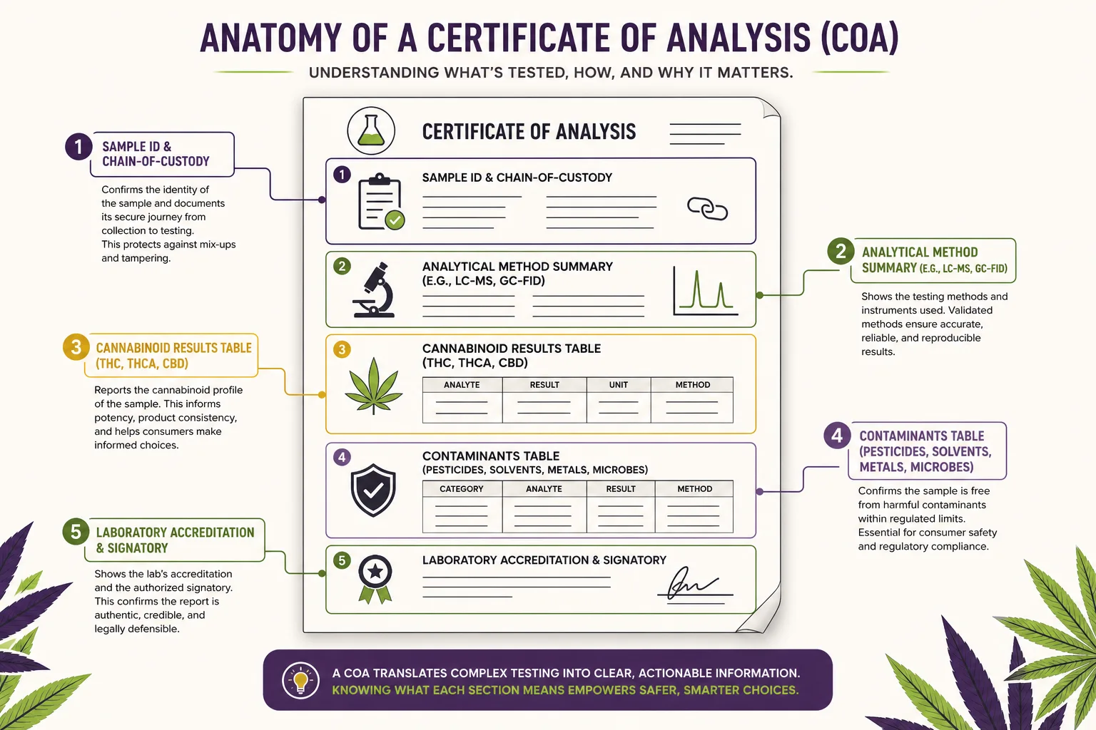 Exploded diagram of a Certificate of Analysis (COA) page with labeled sections: sample ID, methods, cannabinoid table, contaminants table, lab accreditation block.