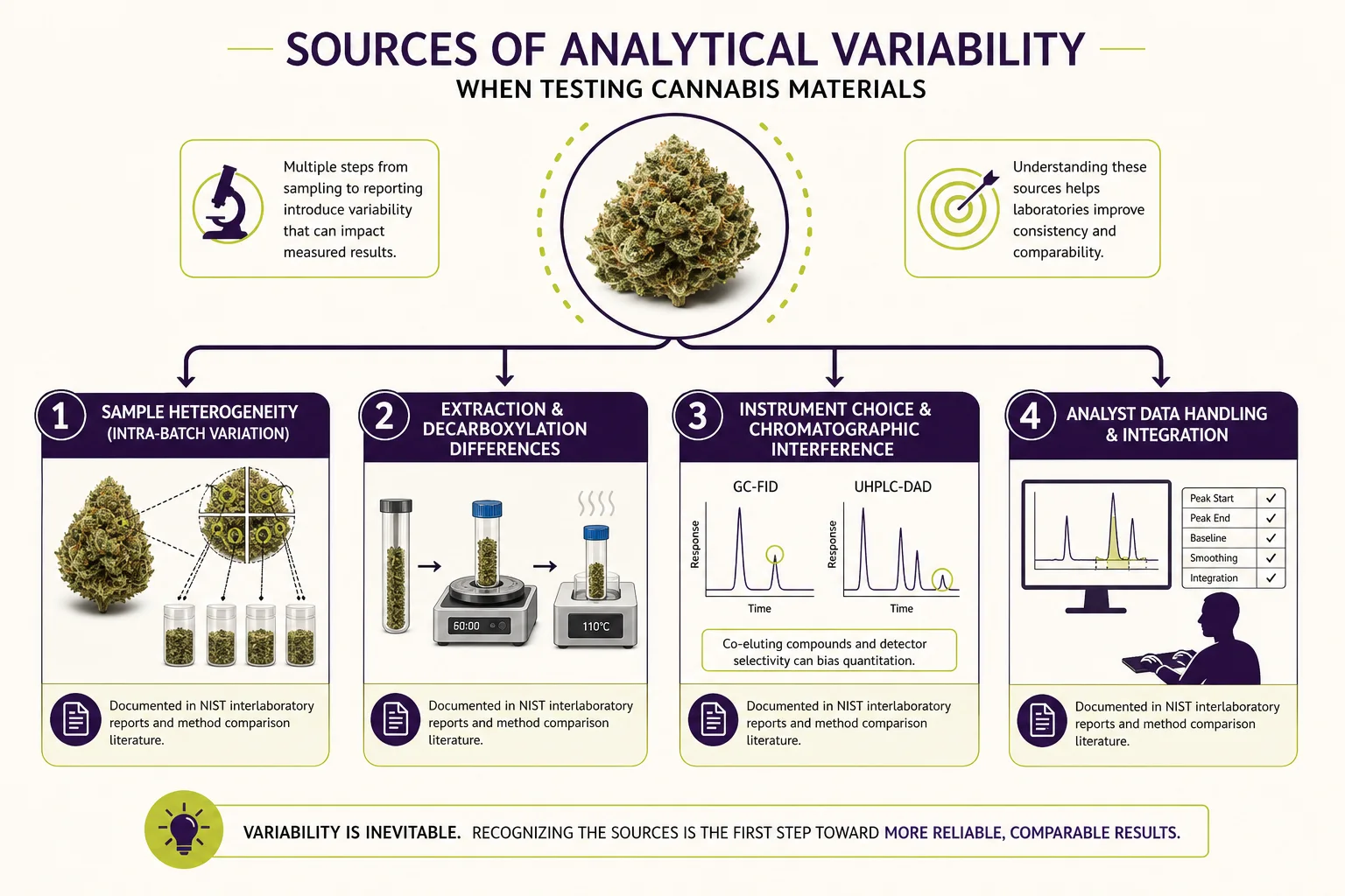 Diagram of testing variability sources: sample heterogeneity, extraction method, chromatography interferences, and analyst decisions.