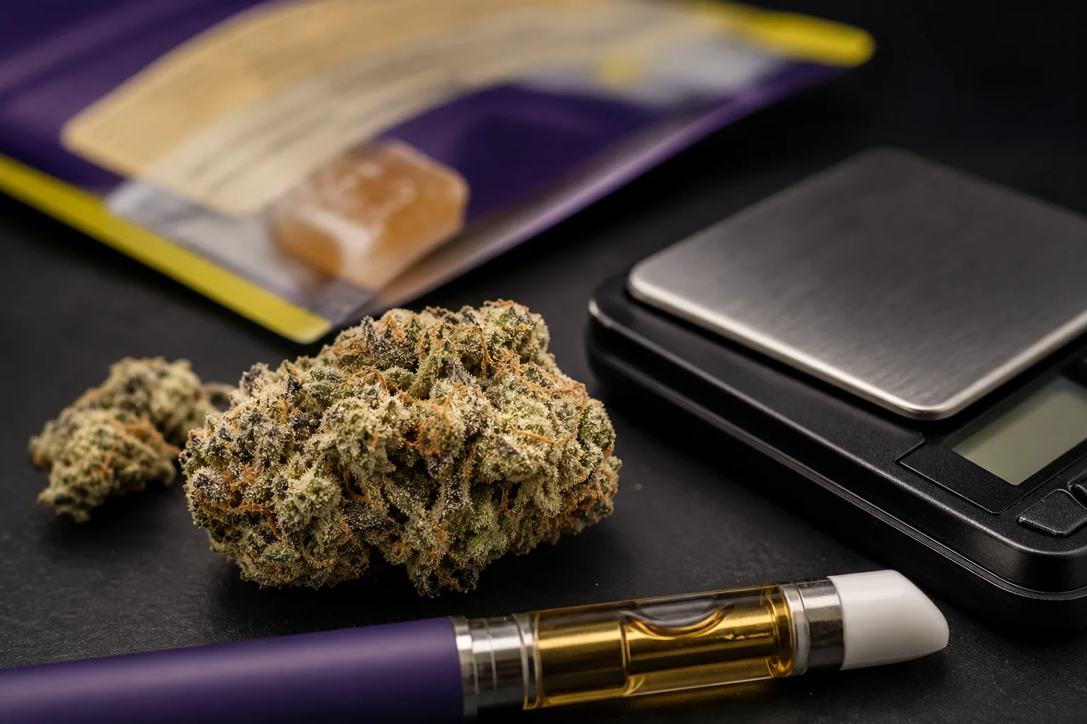 Close‑up botanical macro of cannabis flower beside a small scale and a labeled vape pen and an edible package (labels blurred)