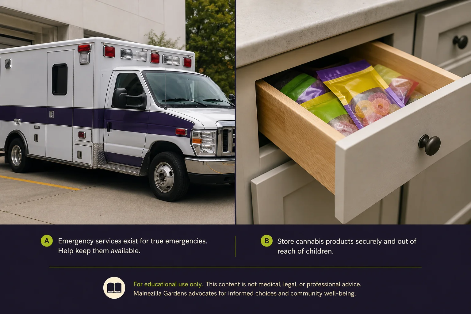 Composite image of an ambulance exterior (neutral, non‑institutional) and a child’s candy‑style edible package tucked in a drawer