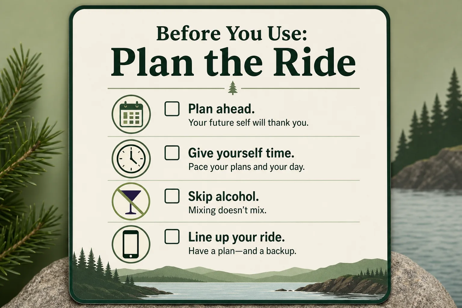 Screenshot‑style layout of a simple Maine planning checklist printed as a pocket card (title: 'Before You Use: Plan the Ride')