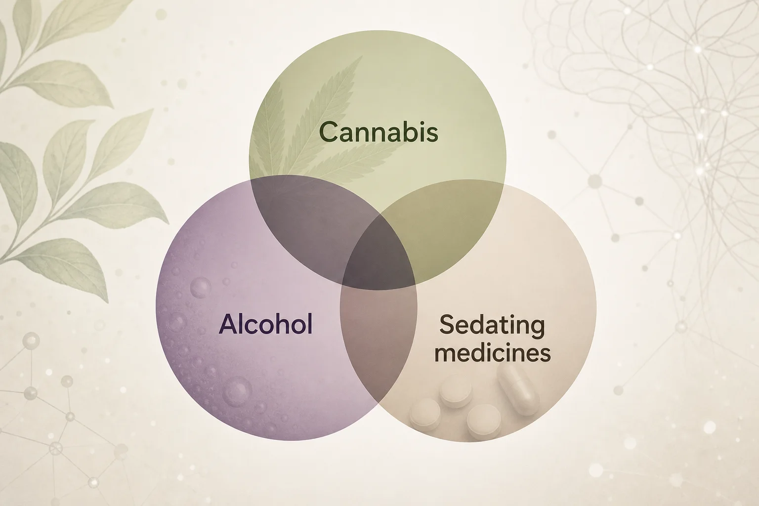 Composite illustration showing overlapping hazard zones for cannabis, alcohol, and sedating medications
