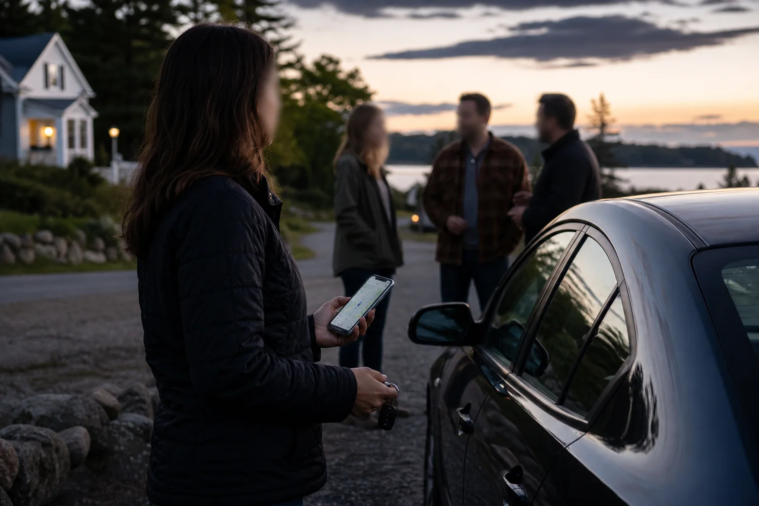 A sober driver waiting at dusk beside a parked car while friends gather safely nearby