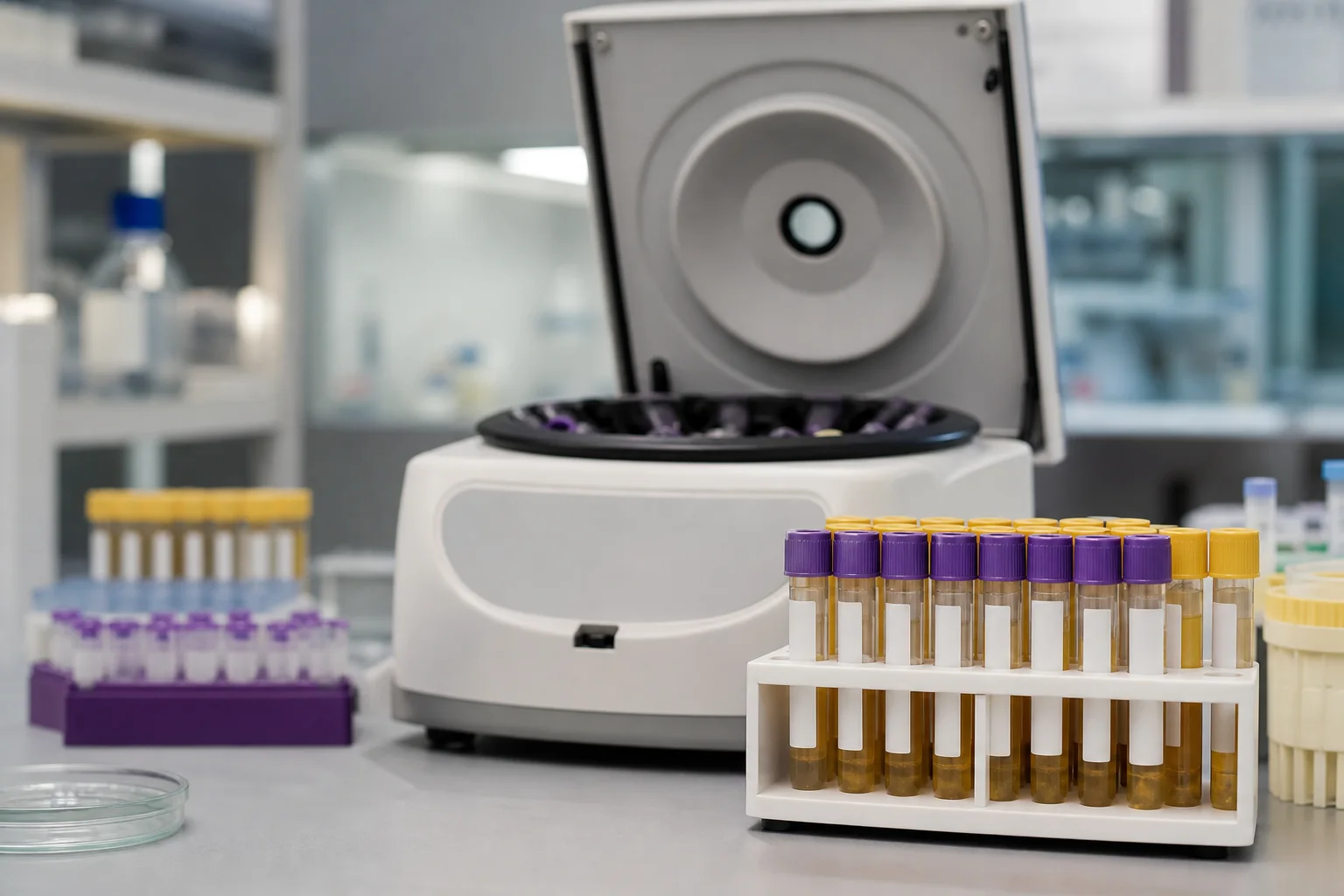 Scientific close-up of a lab centrifuge and labeled sample tubes (non-readable labels)