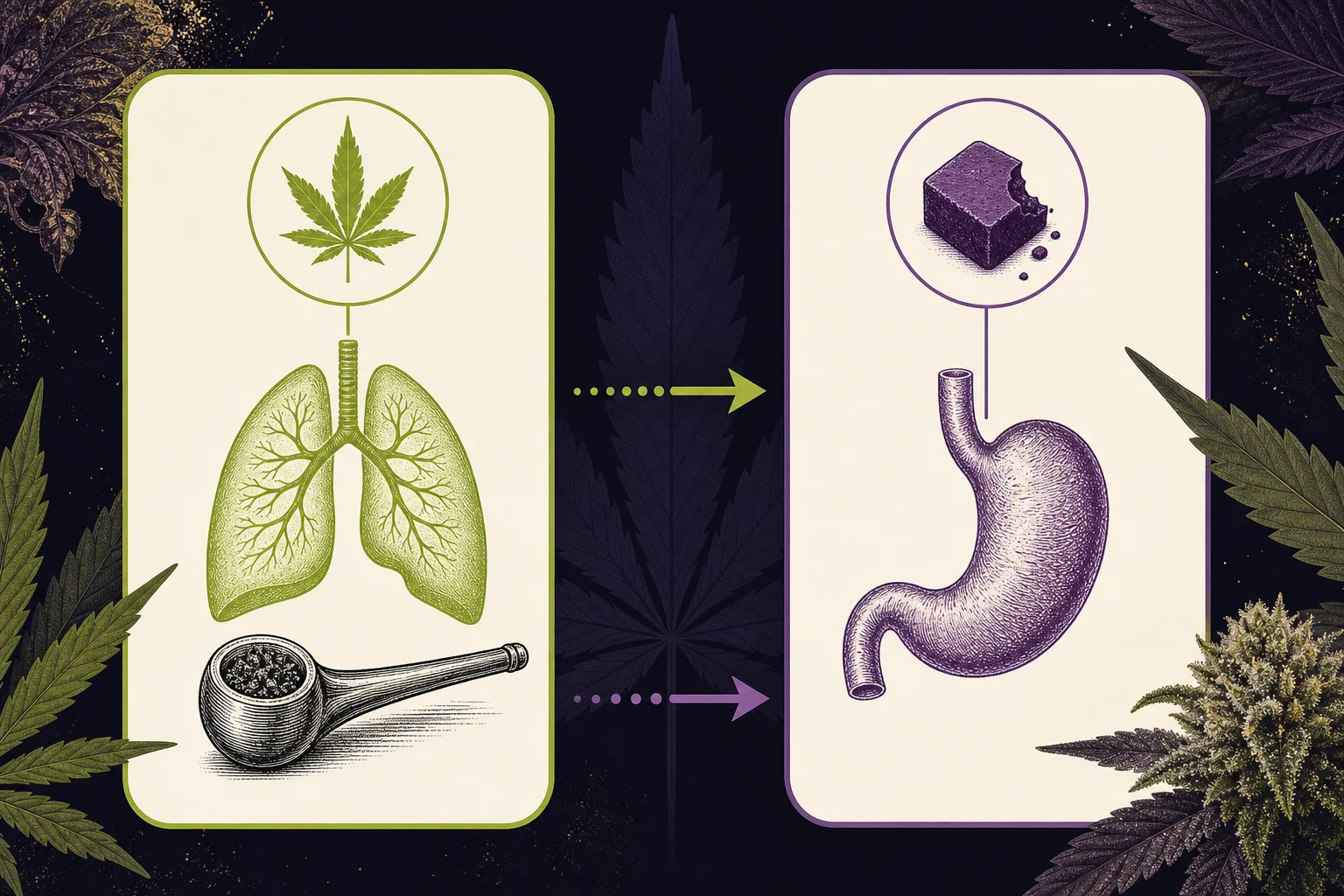 Diagram showing routes of cannabis administration and differences in onset/duration