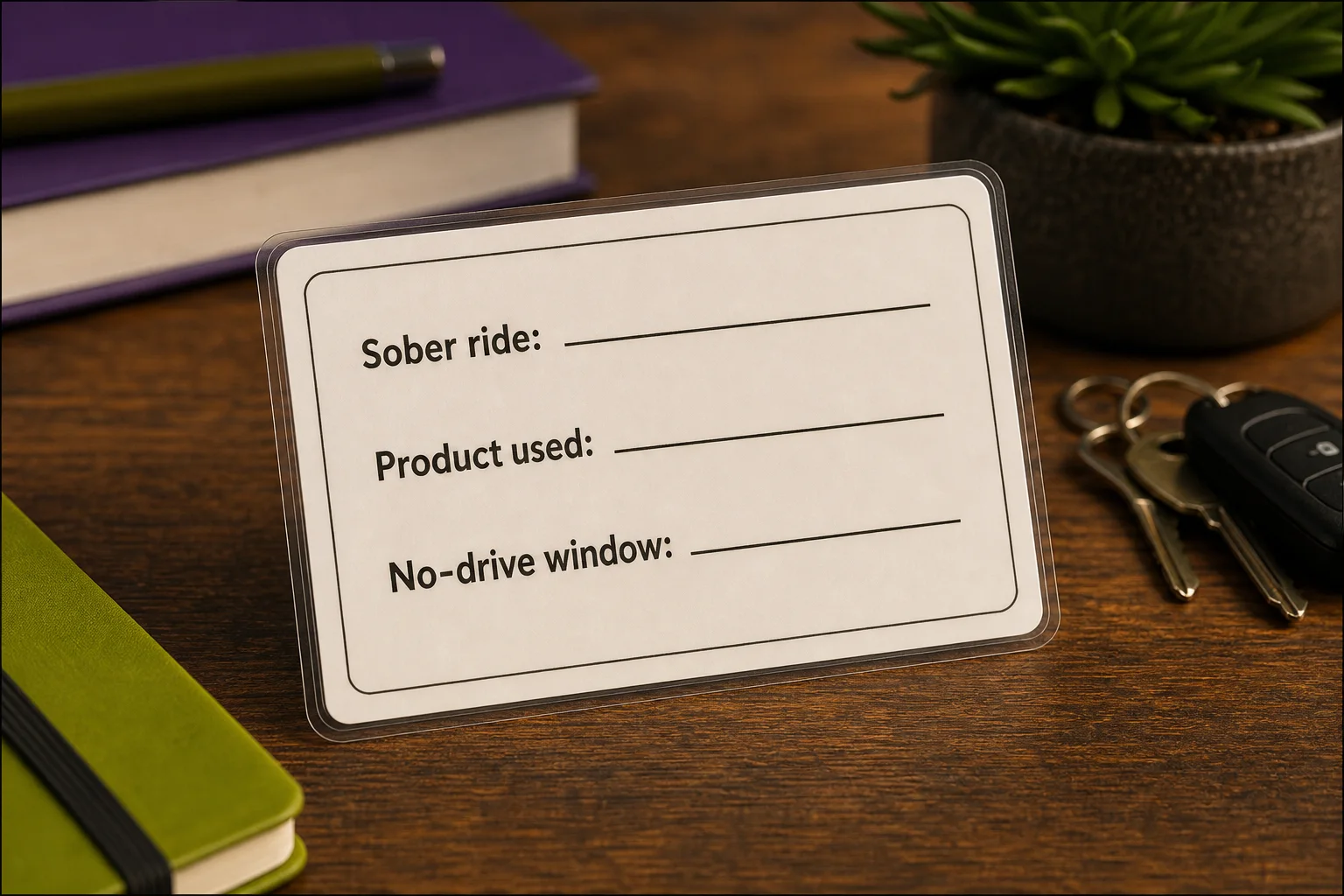 Practical planning checklist visual: laminated, non‑readable template of a 'Plan the Ride' card with blanks for 'sober ride', 'product used', and 'no‑drive window'—for display only