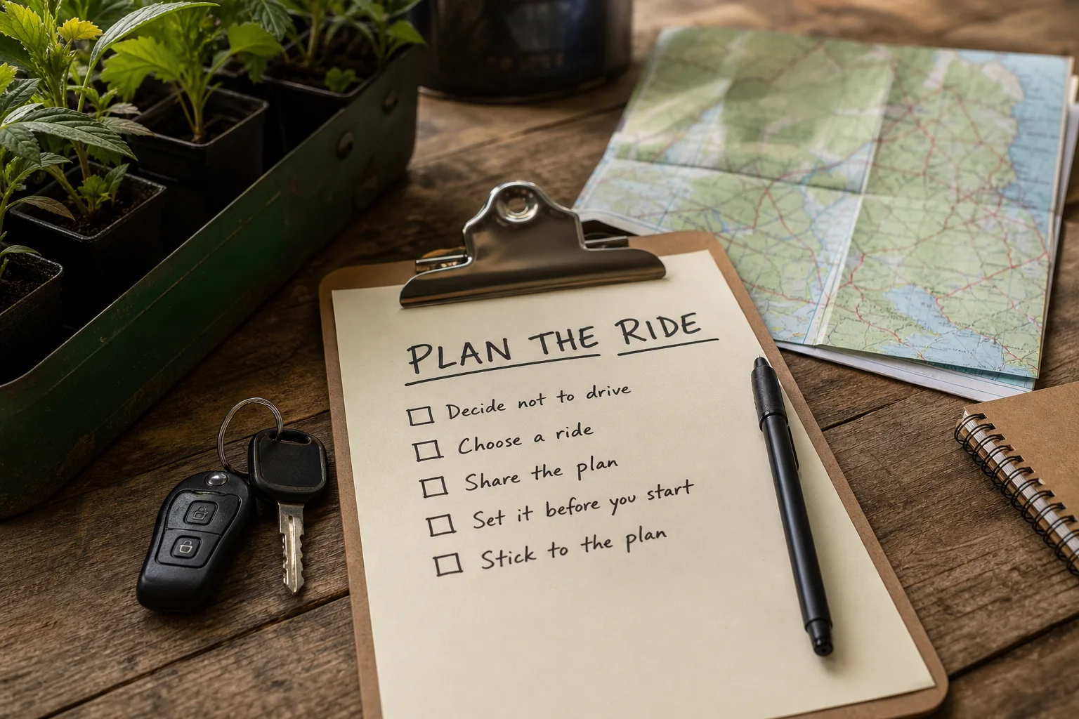 A grower’s planning clipboard with a simple handwritten 'Plan the Ride' checklist, car keys beside a Maine road map, and a pen—documentary style