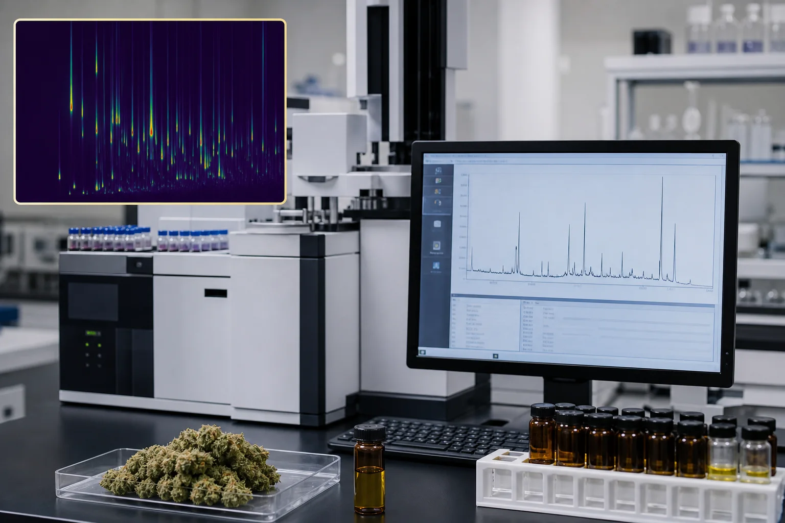 Analytical chromatogram and lab bench showing terpene/cannabinoid analysis of dried cannabis