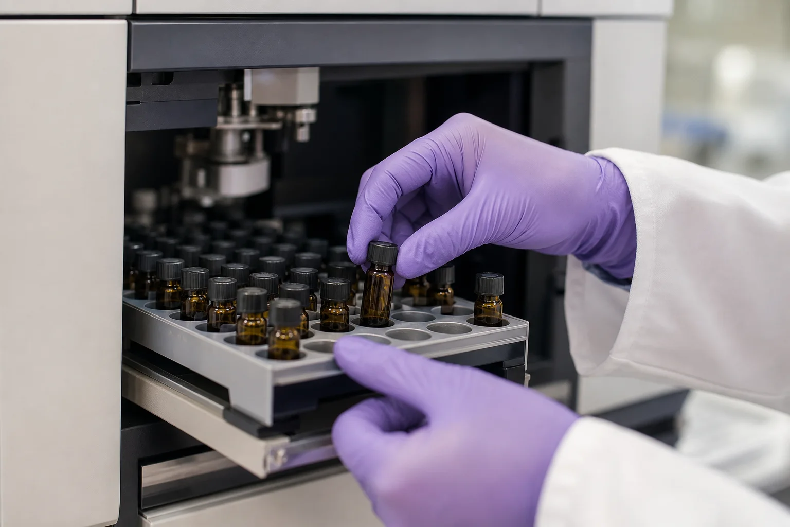Sample lab bench showing a technician placing a sealed sample vial into an HPLC rack (no readable labels)