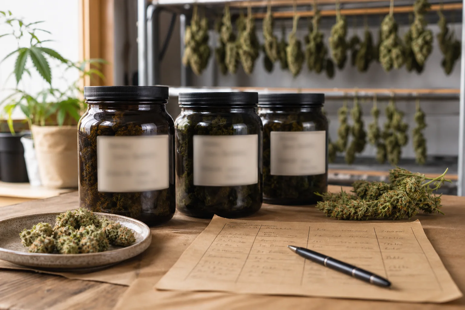 Close-up of labeled small-batch jars and a handwritten harvest log in a grow room