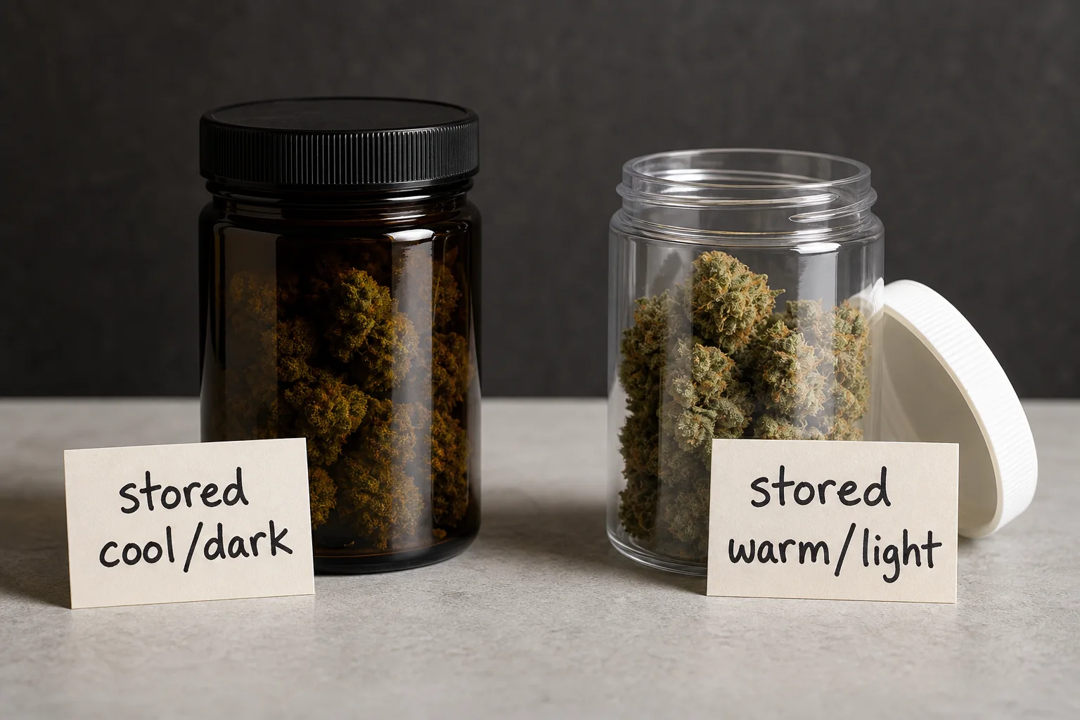 Macro photo of labeled glass vs clear plastic storage jars with note cards indicating storage time and temperature