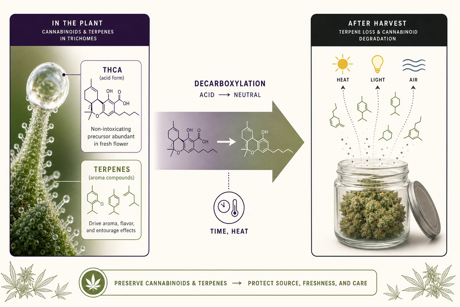 Graphical diagram of acid-to-neutral cannabinoid conversion and terpene loss drivers