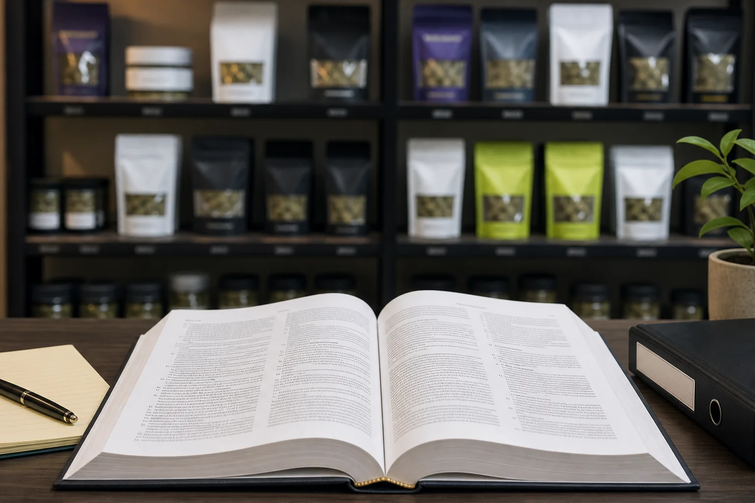 Photograph of Maine legislative statute book open to labeling language next to a retail shelf of sealed packages (packages blurred).