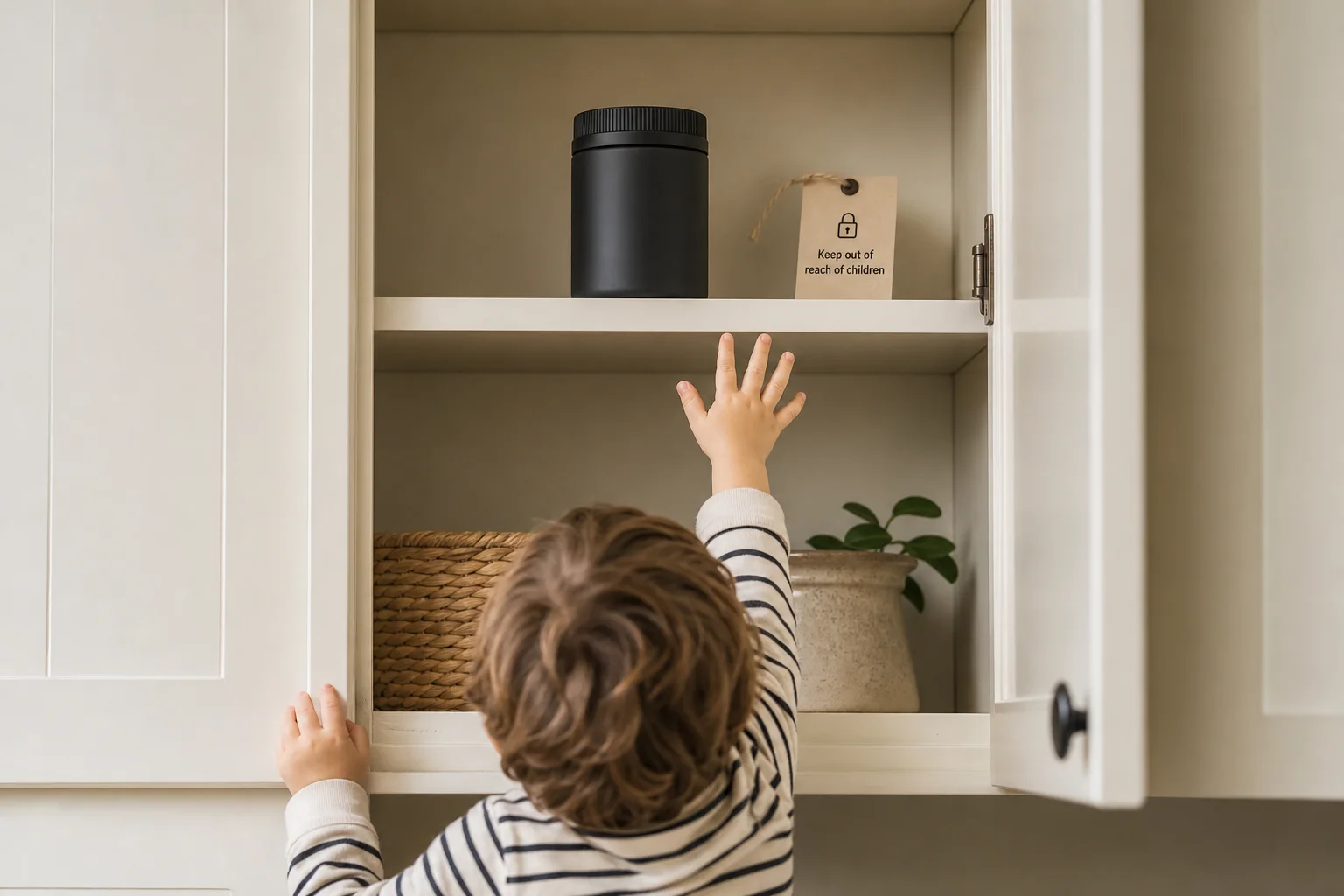 Illustration of secure, child‑resistant home storage (opaque locked container on a high shelf) with a small label explaining 'out of reach, not attractive to children'.