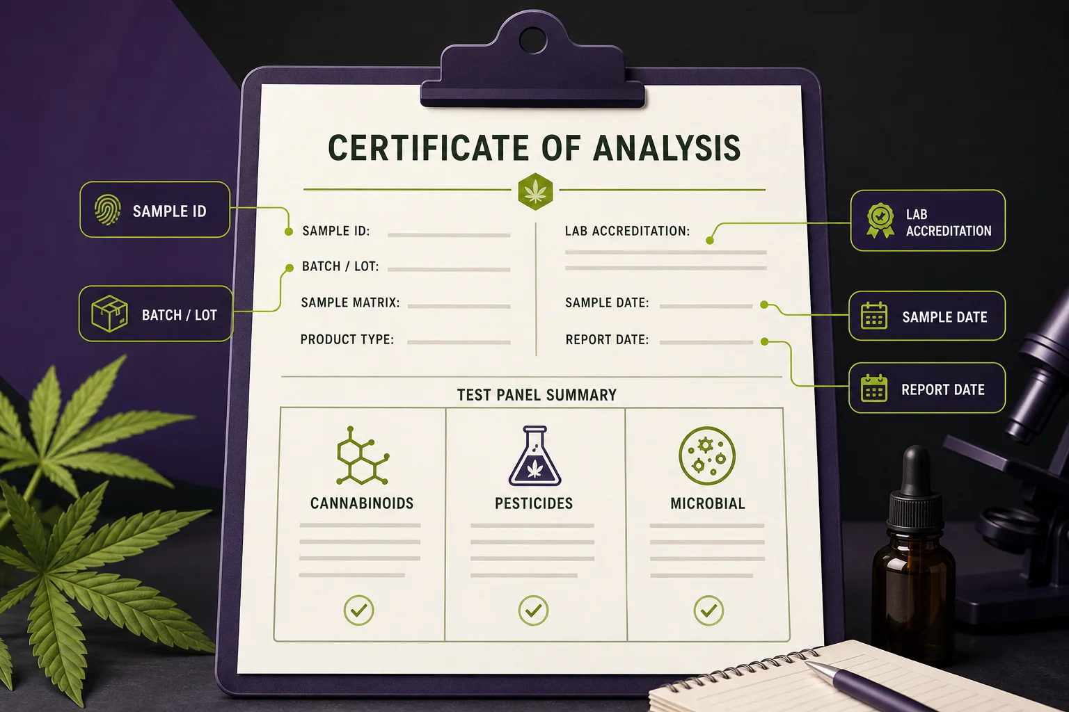 Schematic, anonymized Certificate of Analysis (COA) page showing labeled sections (sample ID, lab name, test panel titles) with no numeric results.
