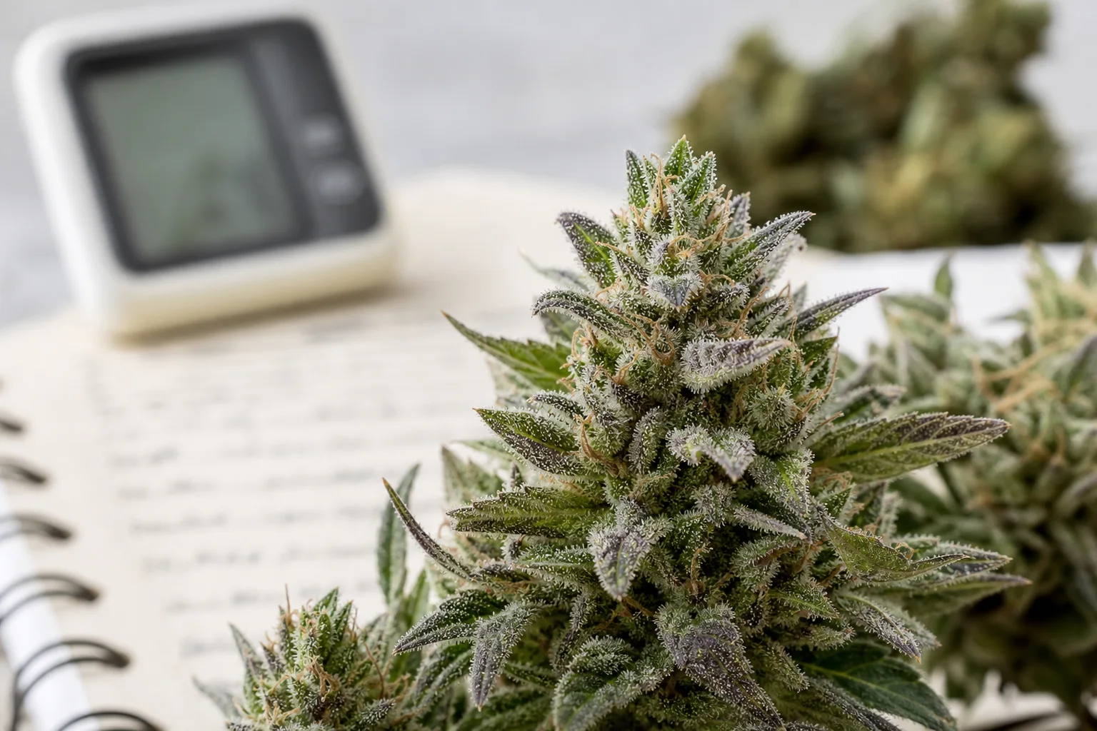 Close macro of cannabis trichomes with a hygrometer and handwritten harvest log in soft focus behind.