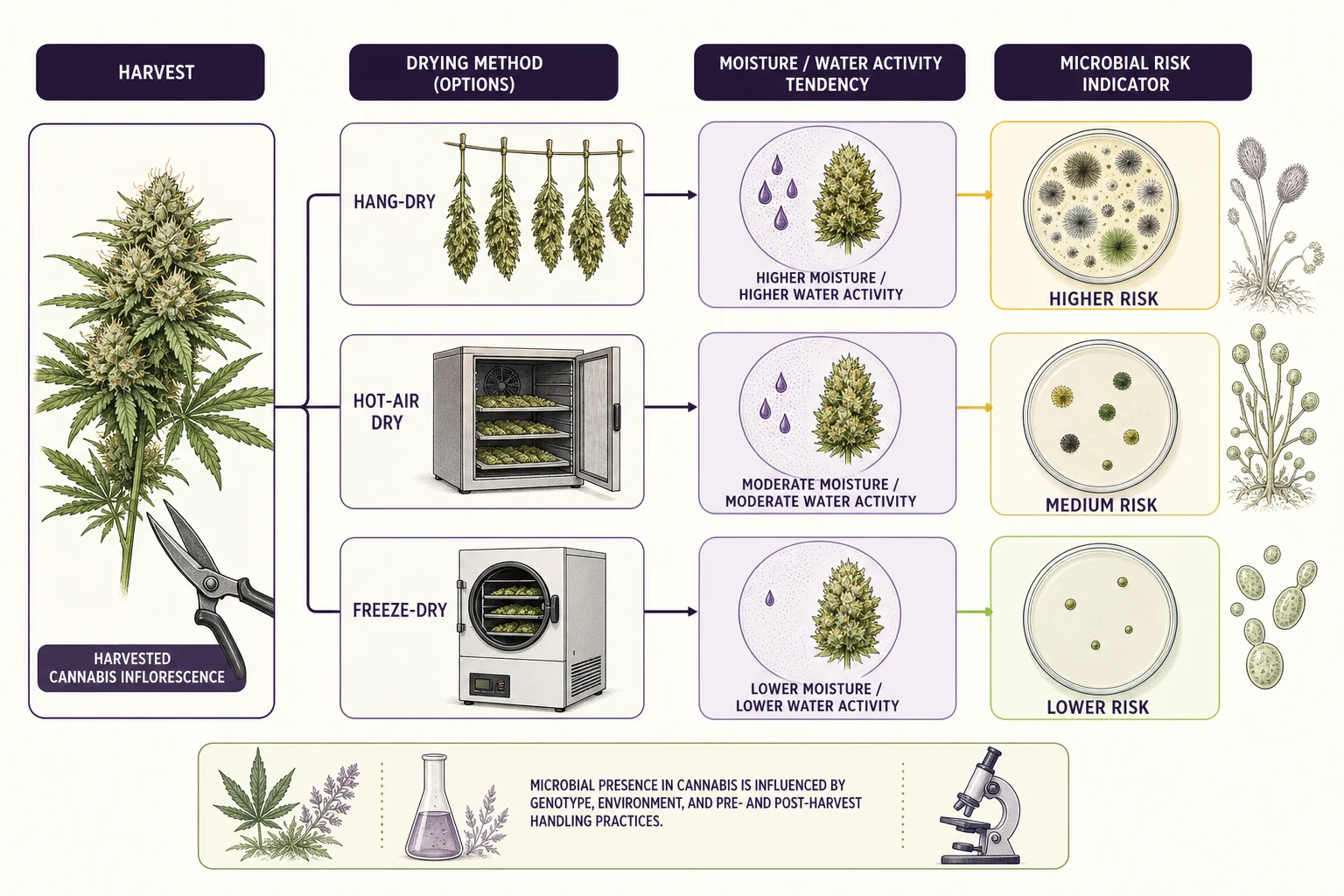 Diagram illustrating drying, water activity, and microbial risk with arrows and labeled stages (no numeric values).
