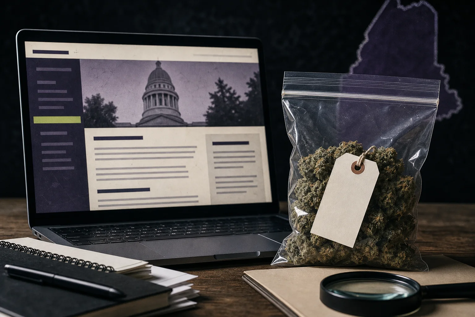Archival screenshot of Maine OCP’s resource library and a staged photograph of a sealed, lab-tested cannabis sample with a plain tag (no lab values visible).