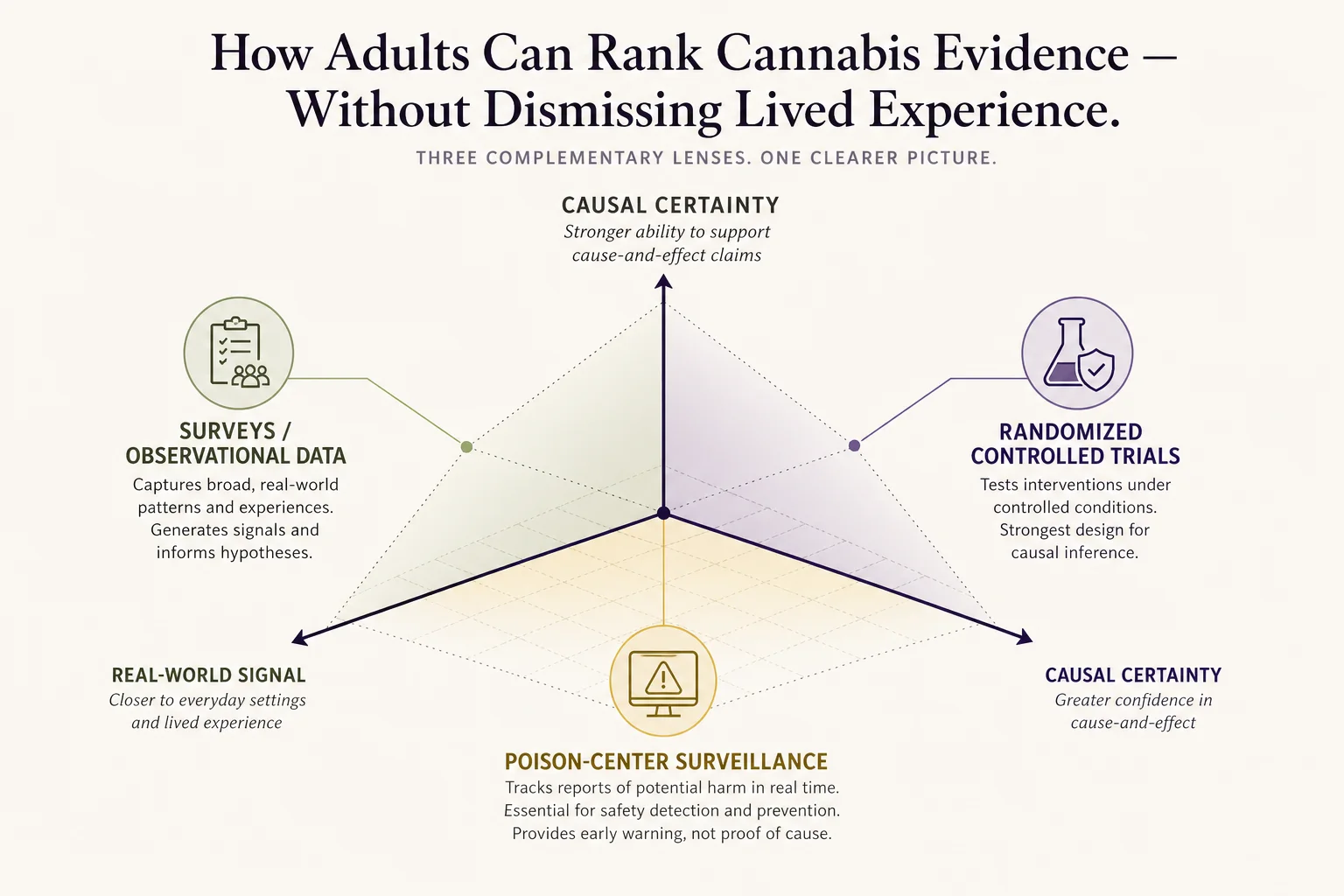Composite infographic showing how observational surveys, poison-center reports, and randomized trials contribute differently to safety signals and causal claims.