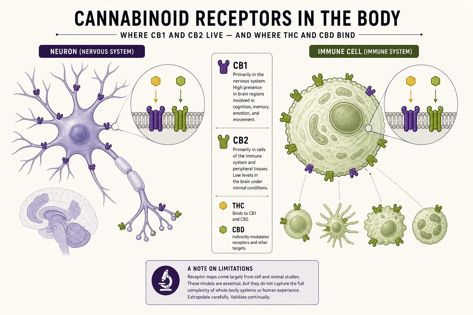 Annotated diagram showing where THC and CBD act on the endocannabinoid system (CB1/CB2 receptors) with cautions about extrapolating from cell models to people.