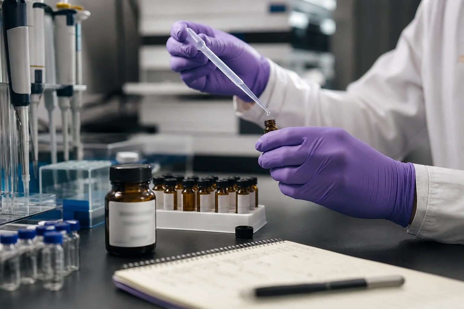 Macro photo of a research lab bench showing a chemist preparing a chromatographic run next to labeled vials and a reference material bottle (labels blurred).