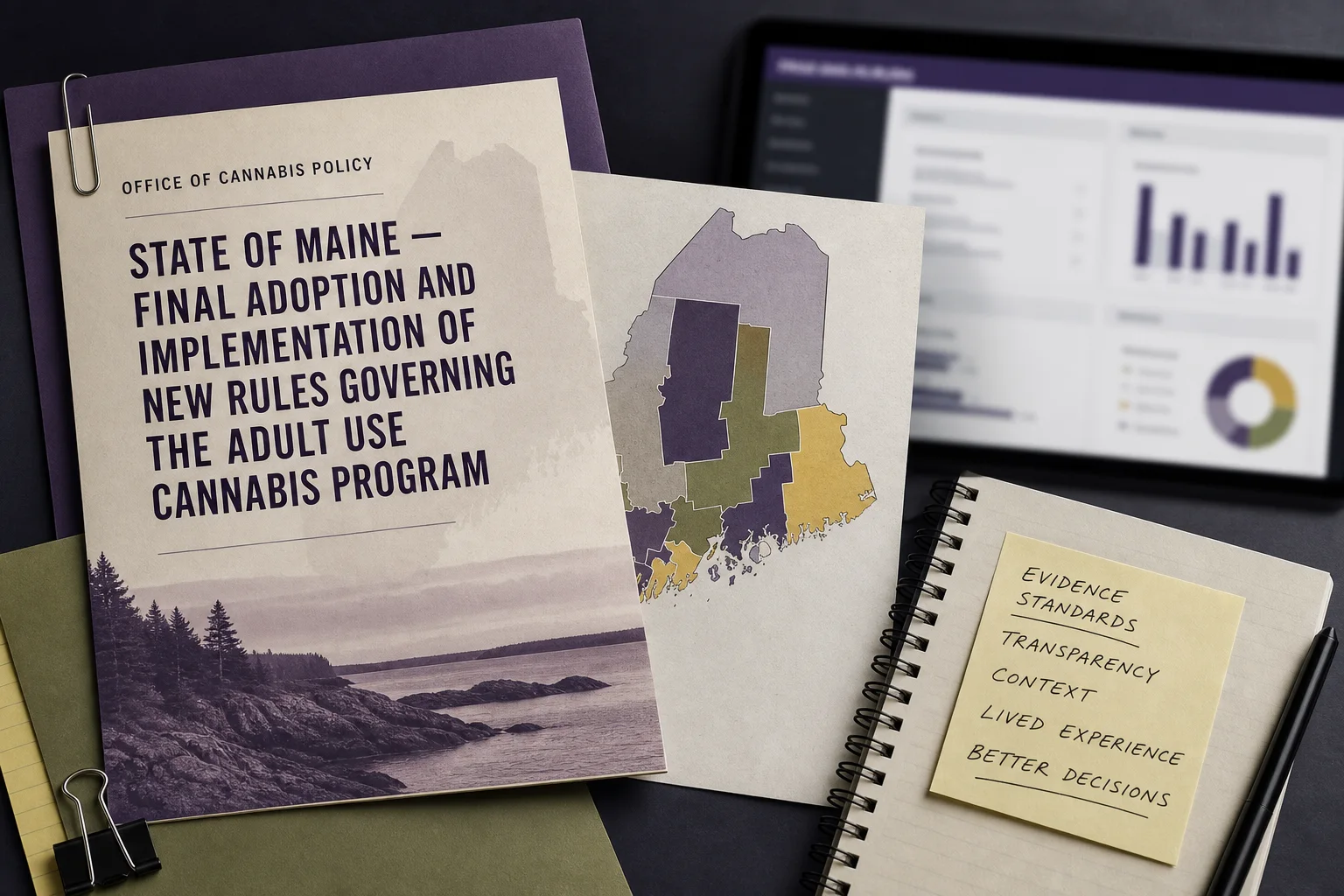 Archival-style composite: a page from a Maine OCP guidance document, a public dashboard screenshot (non-readable), and a map of Maine highlighting program distinctions.