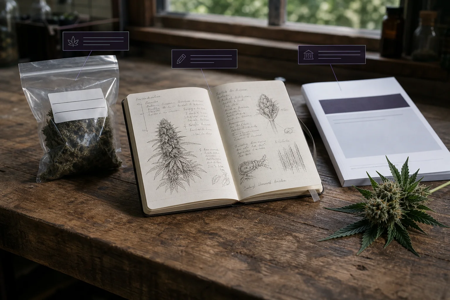 Documentary-style macro photograph of a labeled lab sample, a grower’s logbook, and a printed research report laid side-by-side on a wooden workbench.