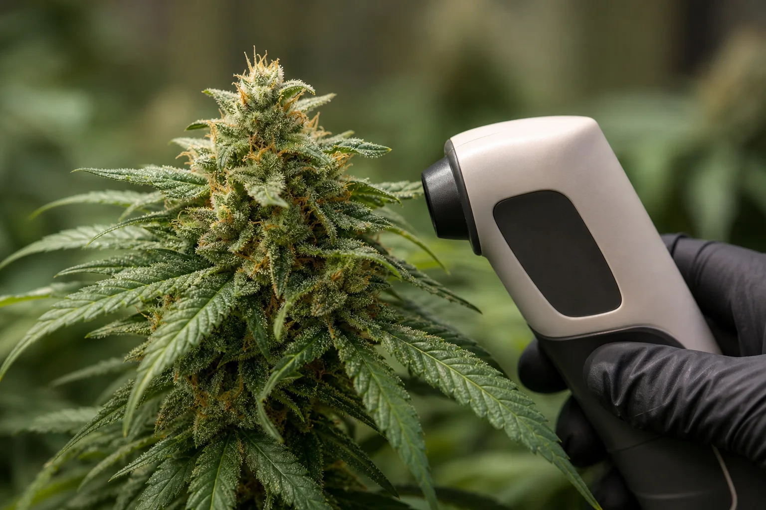 Macro botanical photograph of a labeled cannabis sample beside a non-destructive testing spectrometer readout (visual only, no readable numbers).