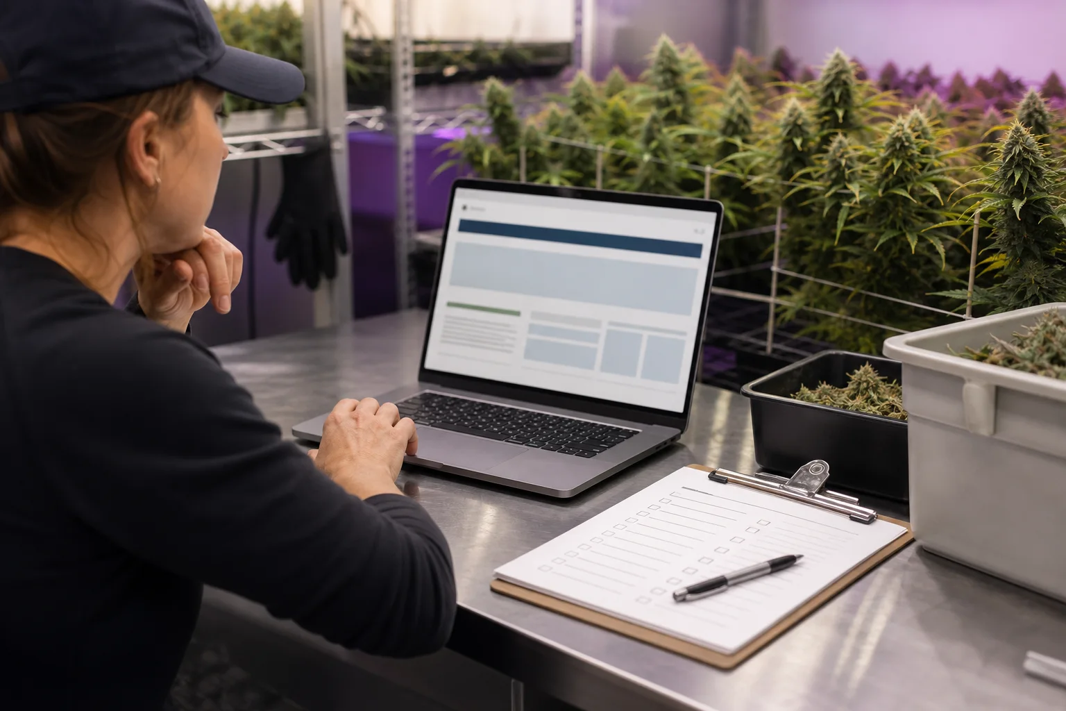 Photograph of a Maine Office of Cannabis Policy guidance page on a laptop screen with a printed checklist and a pen, out in a grow room setting.