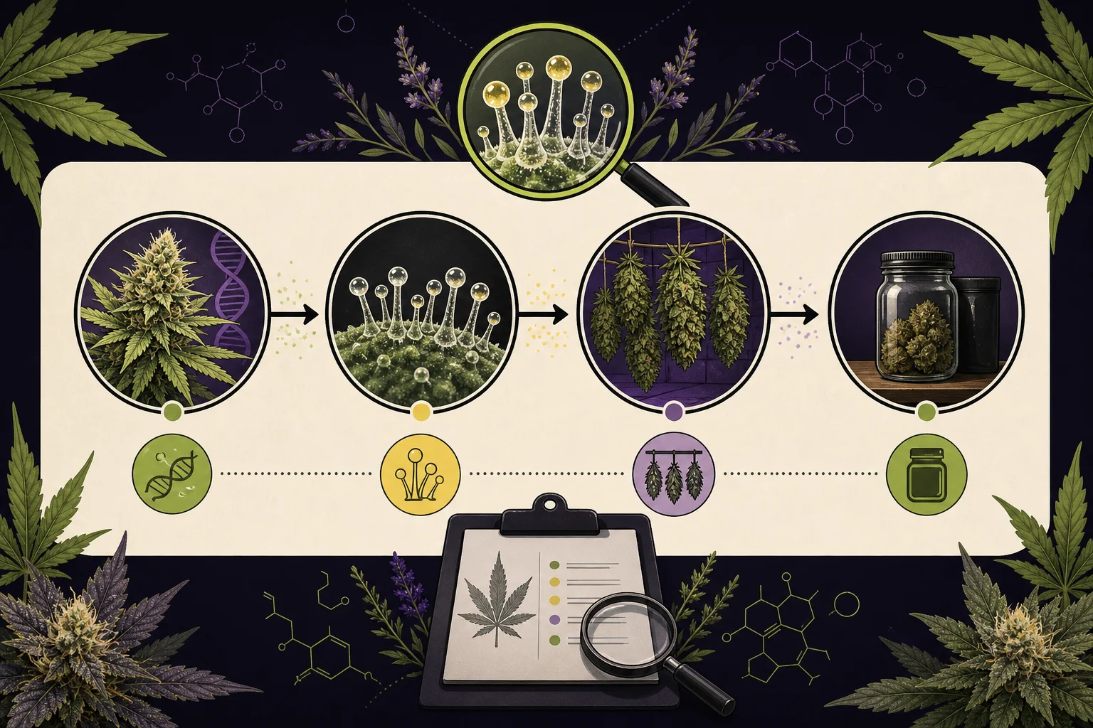 Flow diagram of factors that change terpene profiles between harvest and jar