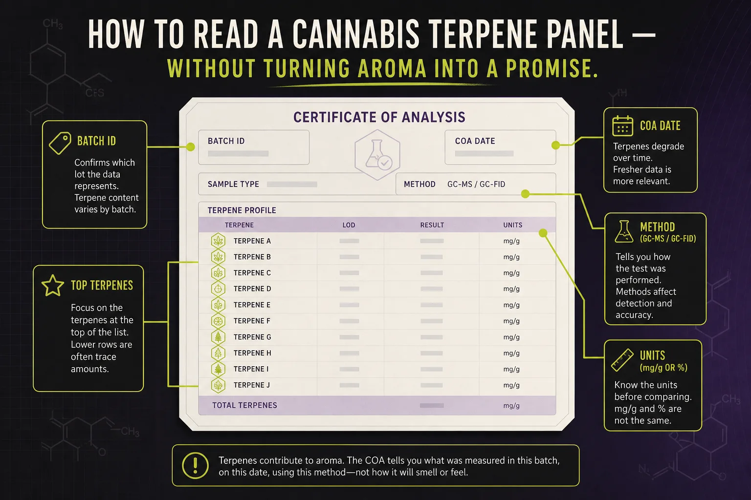 Annotated example of a terpene table from a certificate of analysis