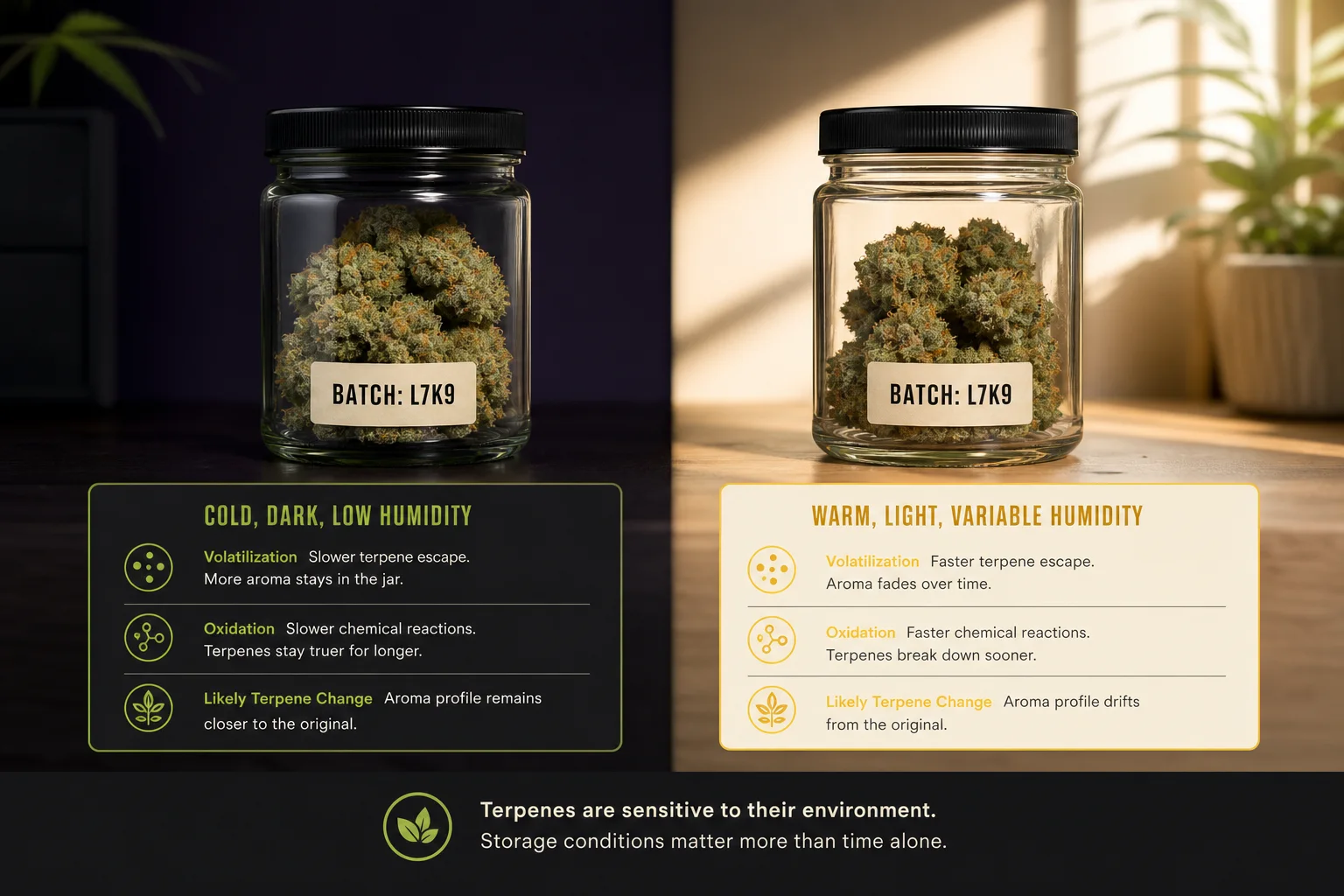 Comparative visual: two jars of cured cannabis with captions describing different storage conditions and their expected chemical consequences.