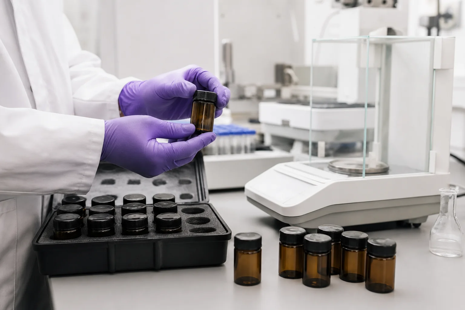 Photograph of a lab technician preparing NIST hemp reference material beside a vial of labeled plant reference.