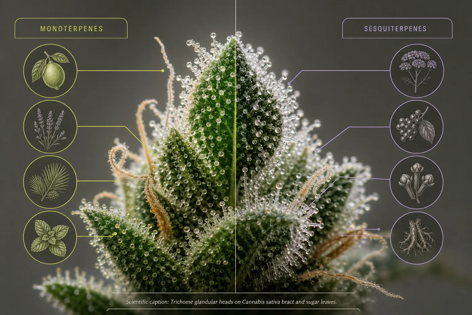 Macro photograph of resinous cannabis trichomes with a split-view overlay showing labeled terpene classes (monoterpenes vs sesquiterpenes).