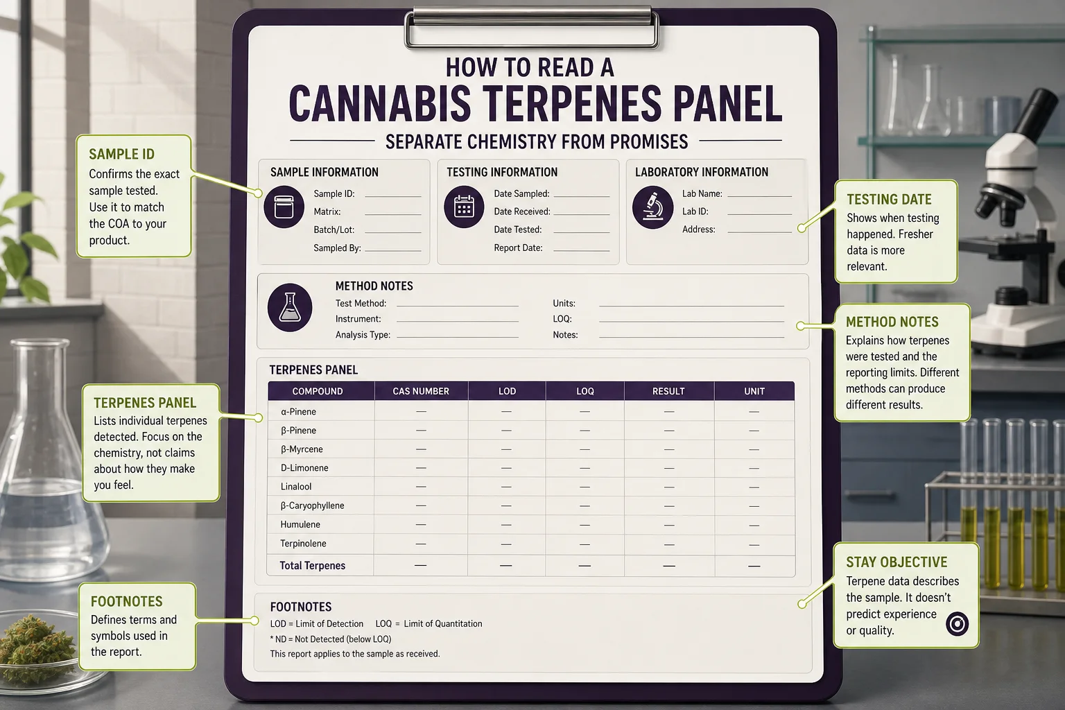 Annotated example of a Certificate of Analysis (COA) terpene table with callouts for sample date, batch ID, method, and analyte list.