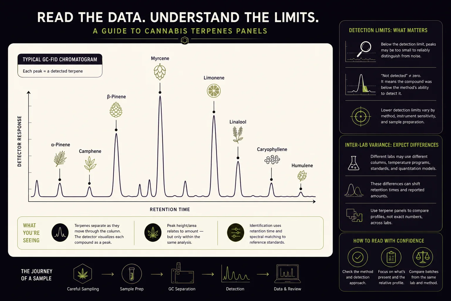 Gas chromatography output diagram showing peaks labeled as terpenes and a caption explaining detection limits and method variance.