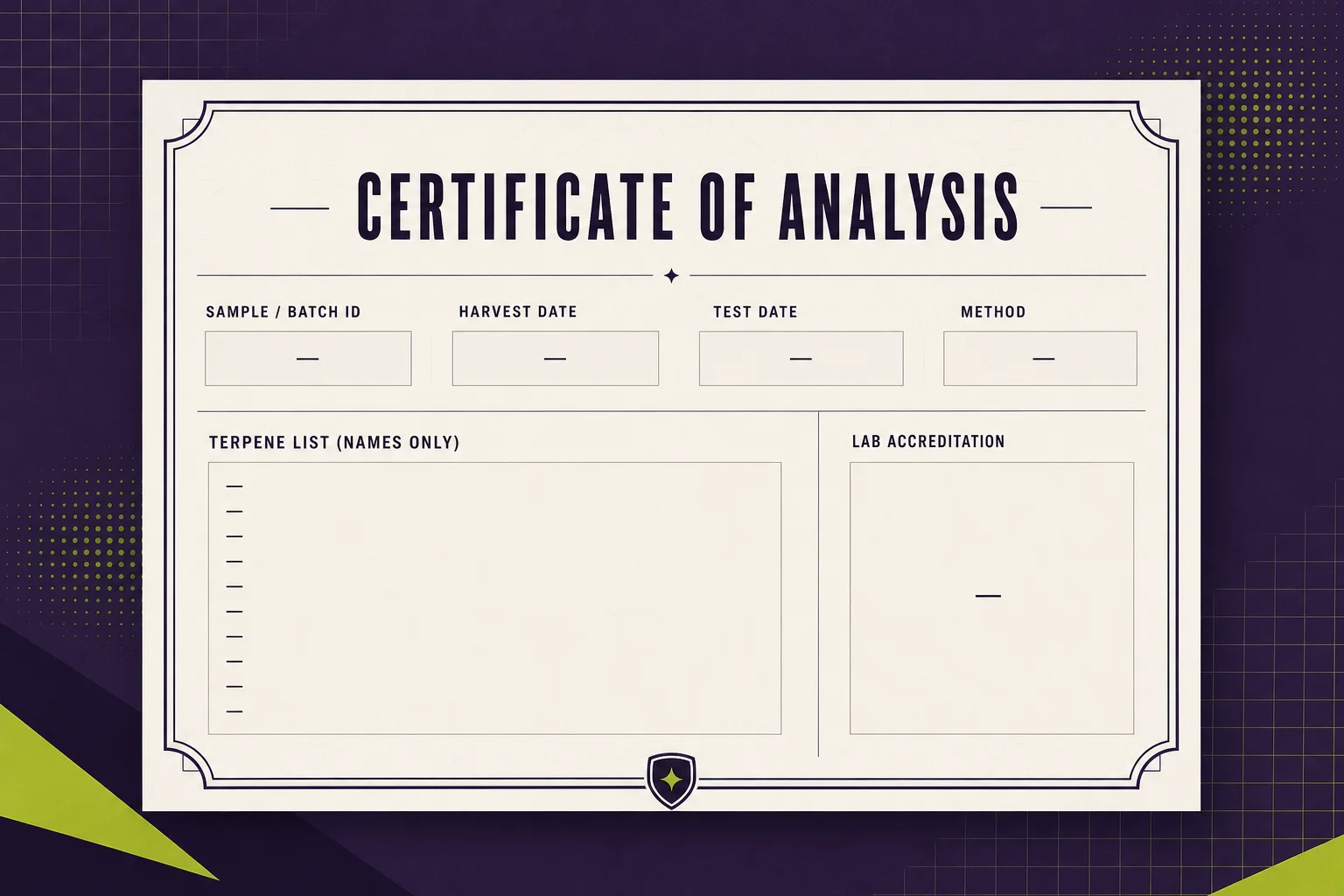 Redacted example Certificate of Analysis (COA) template showing fields: sample ID, harvest date, test date, method, terpene list (names only, no values), lab accreditation block.