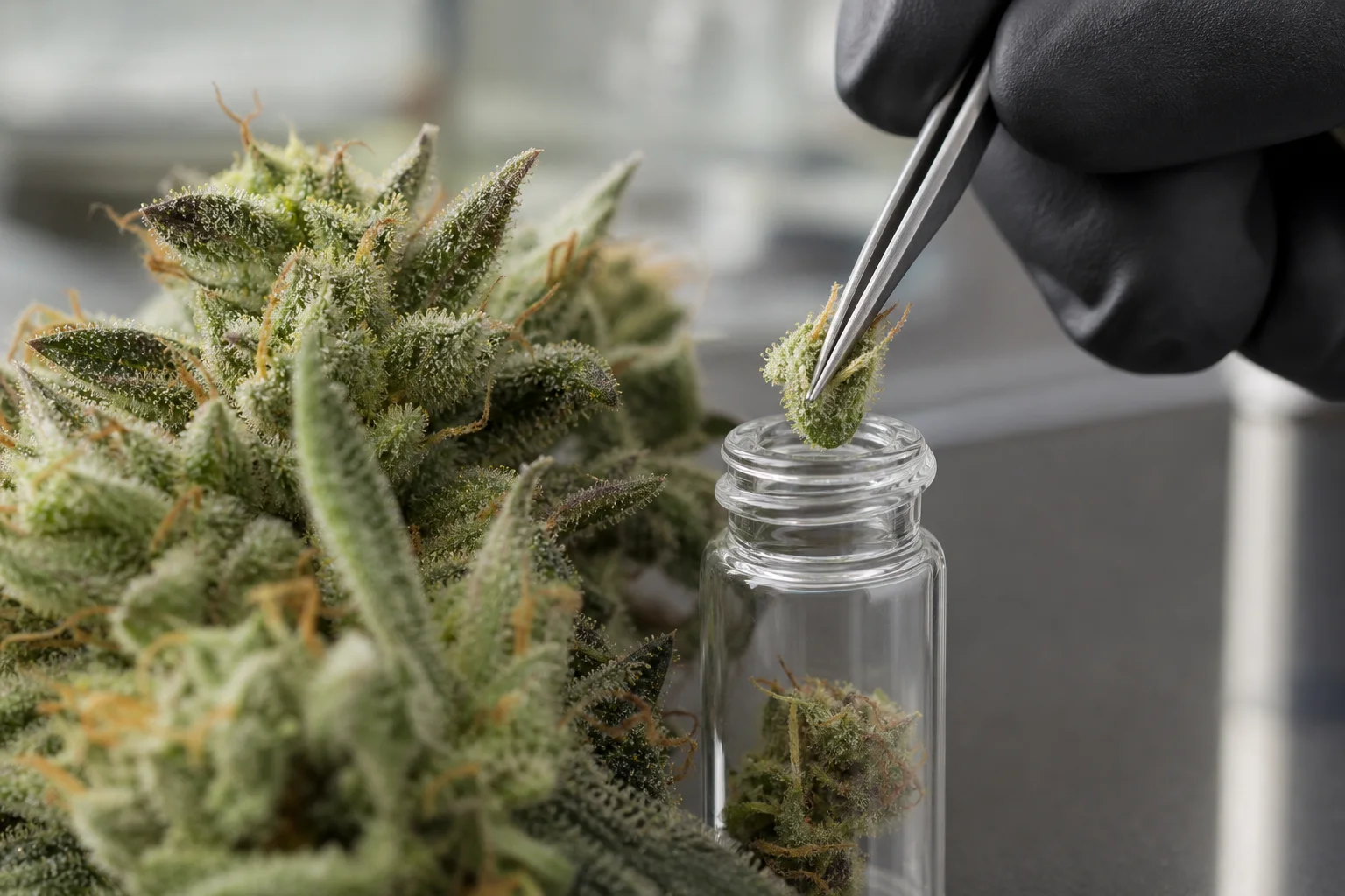 Macro photograph of cannabis trichome heads and a researcher loading a vial for headspace sampling, documentary science style.