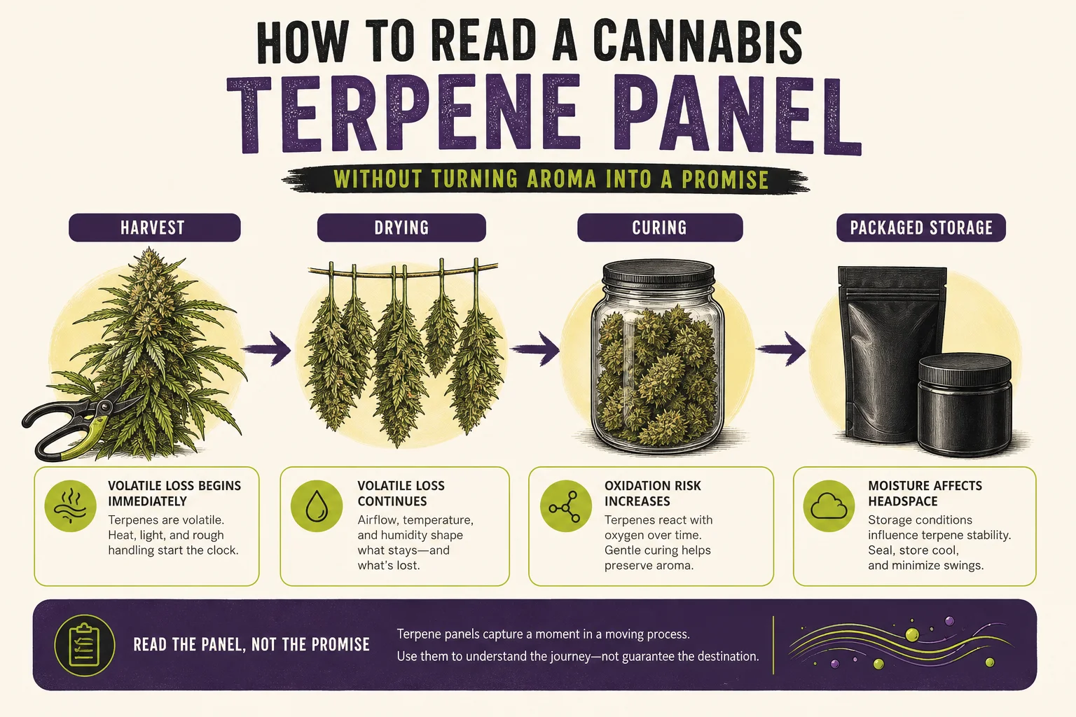 Evidence diagram of post-harvest stages (harvest → drying → curing → packaged storage) and arrows noting likely terpene loss and chemical change.