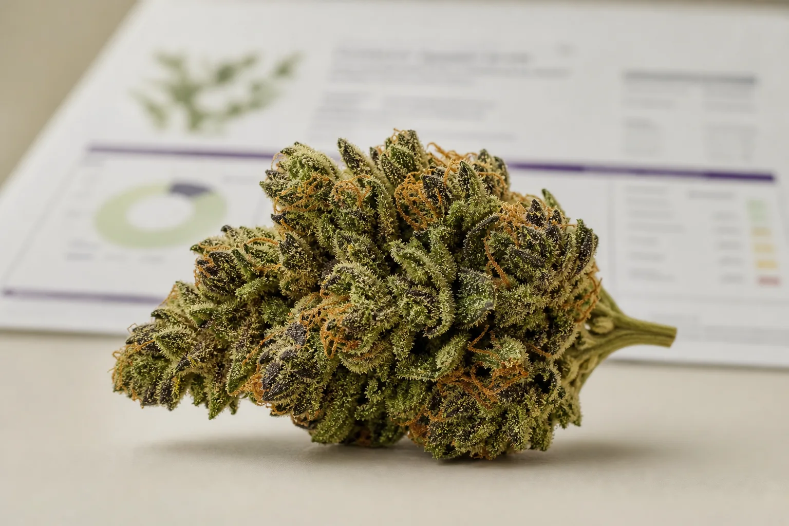 Close macro photograph of a single cannabis flower with an inset of a printed Certificate of Analysis (CoA) sheet blurred in the background.