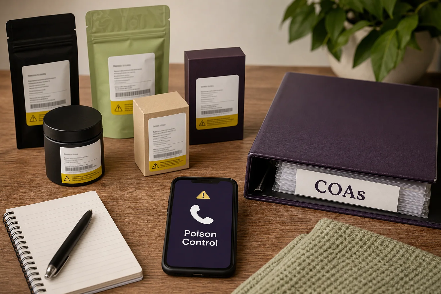 Archival-style image of labeled product packages, a co‑located CoA binder, and a phone with Poison Control number visible (not a phone call screen).