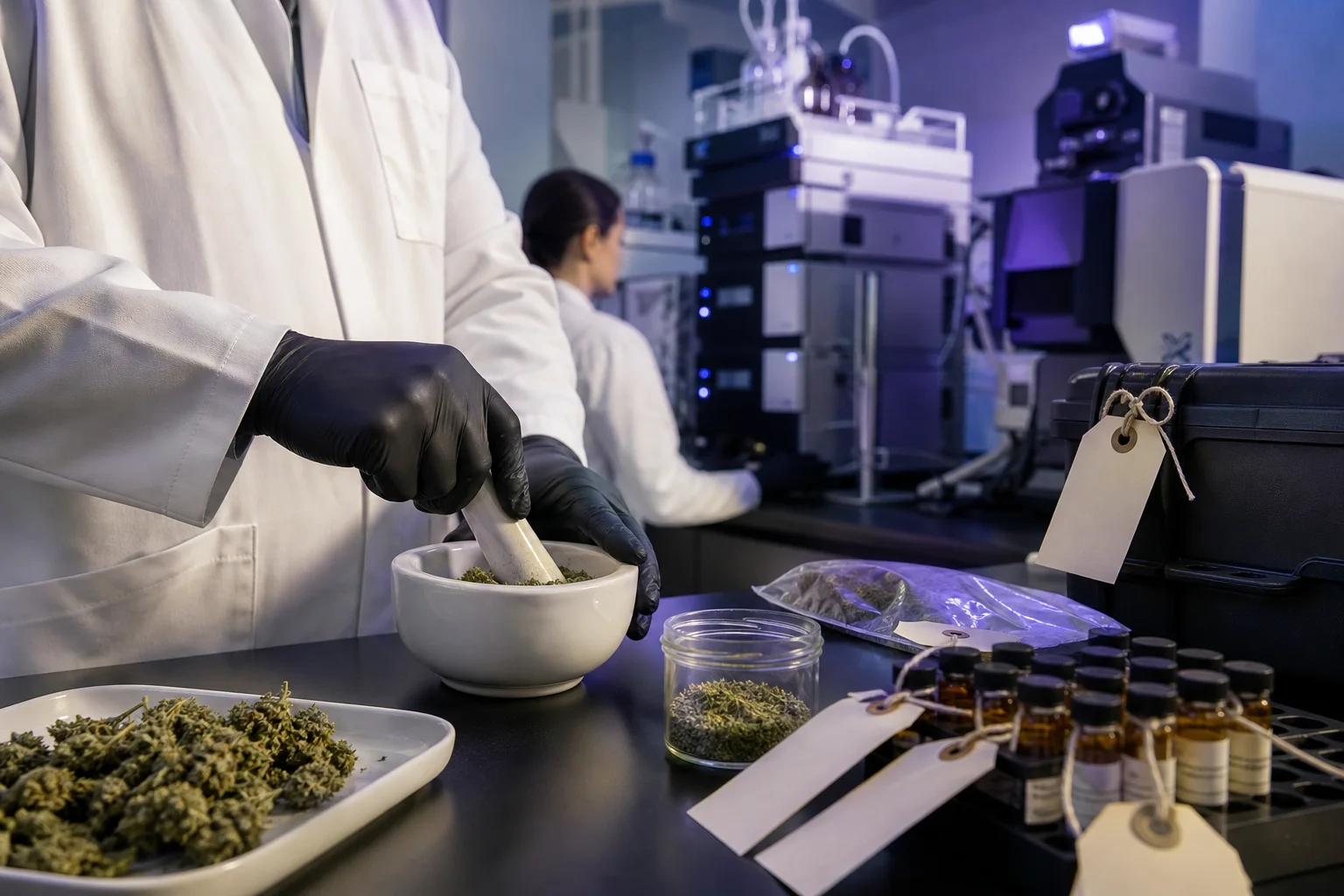 Photograph of technicians preparing homogenized plant material in a certified testing lab (gloved hands, mortar, and homogenizer) with instrument in background.