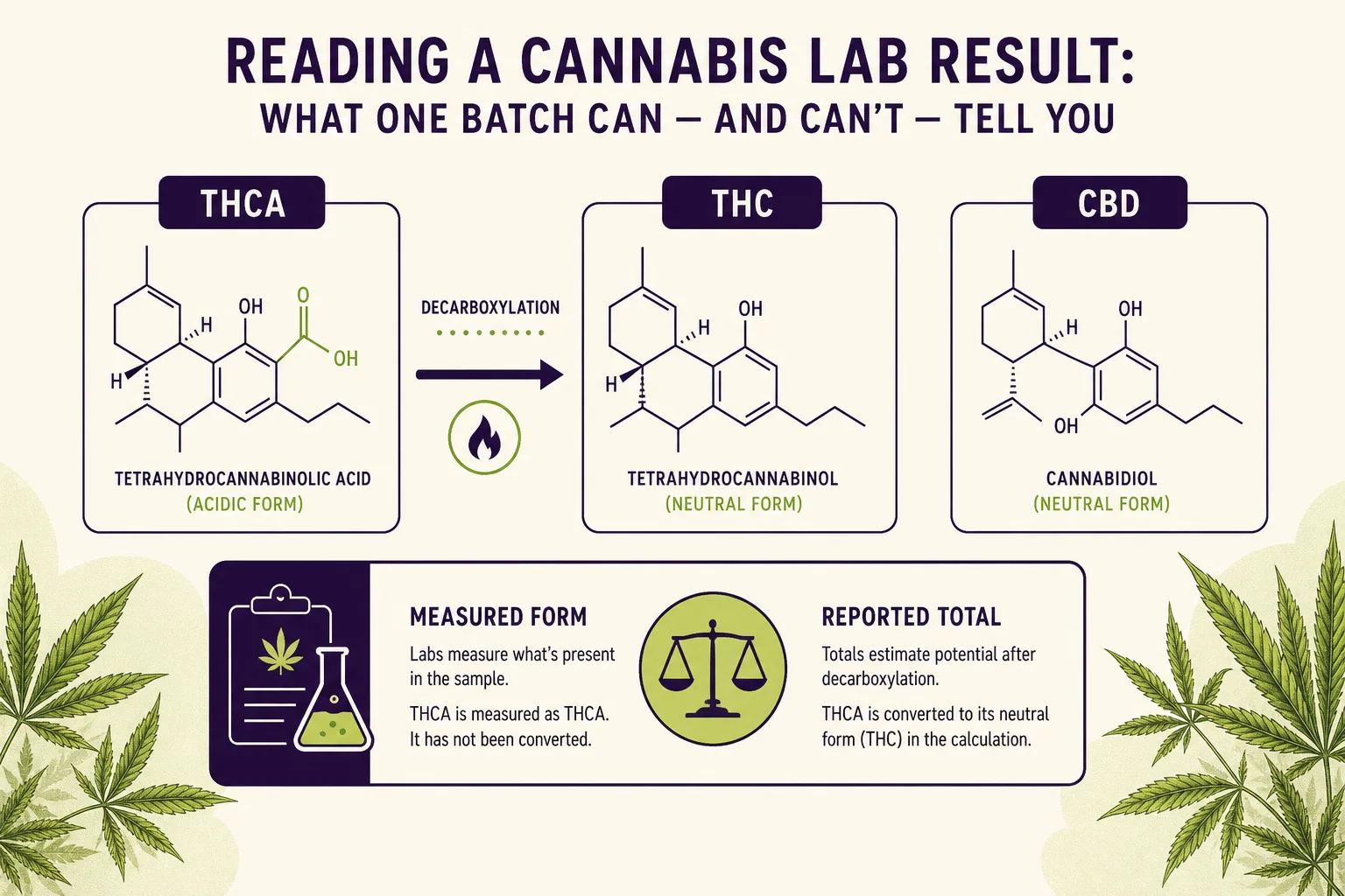 Annotated diagram showing major cannabinoids measured by labs with labels for THCA, THC, CBD and a note about 'total THC' calculation.
